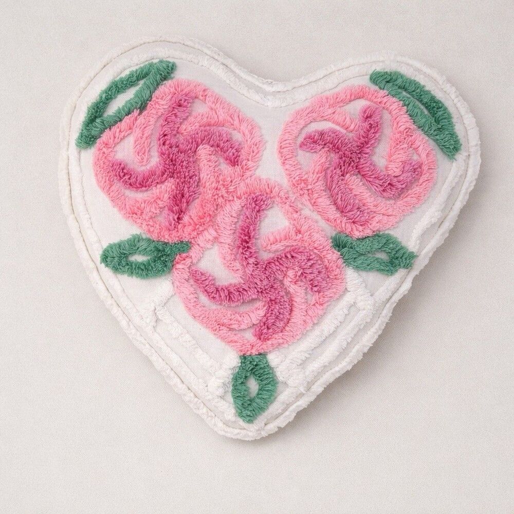 Vintage Chenille Heart Love Pillow Floral Cottagecore Shabby Chic Spring Decor